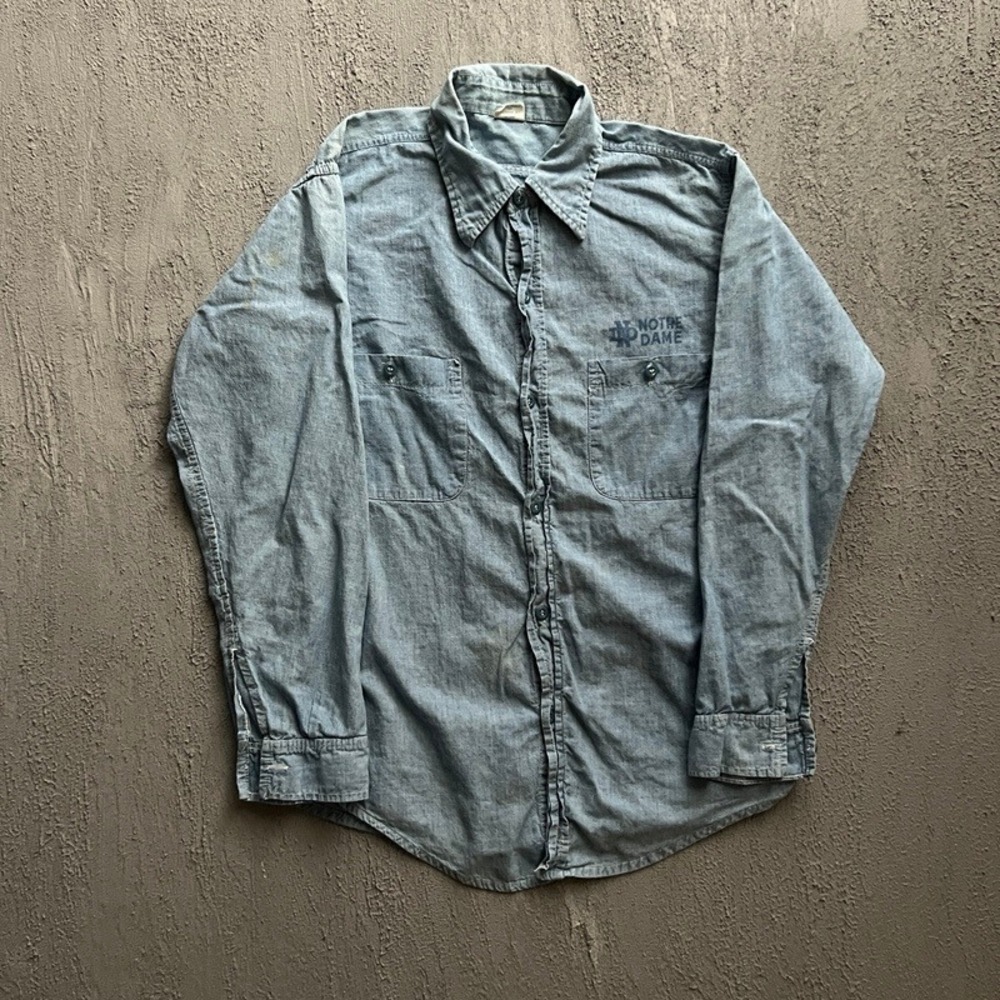 Vintage s Notre Dame Champion Button Up Shirt Medium Blue 70s Chambray Blue Bar